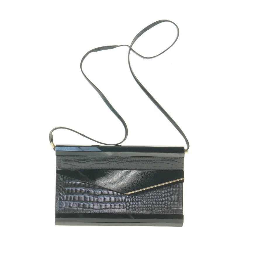 Sort 1980'er krokodillepræget bakelit clutch med skulderrem (str. 25 x 16 cm)