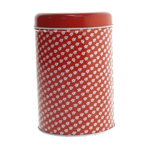 Vintage Rund rød Forglemmigej blomstret metaldåse fra Södahl (str. Ø. elve , 5 cm. længde. 17 cm)