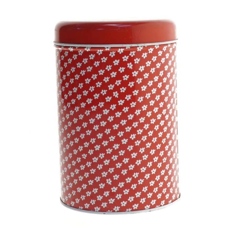 Vintage Rund rød Forglemmigej blomstret metaldåse fra Södahl (str. Ø. elve , 5 cm. længde. 17 cm)