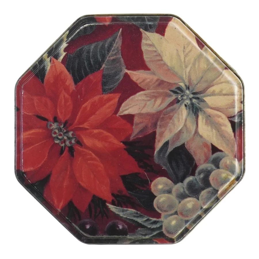 Sekskantet Vintage metalæske med julemotiv (str. 10x11 cm)