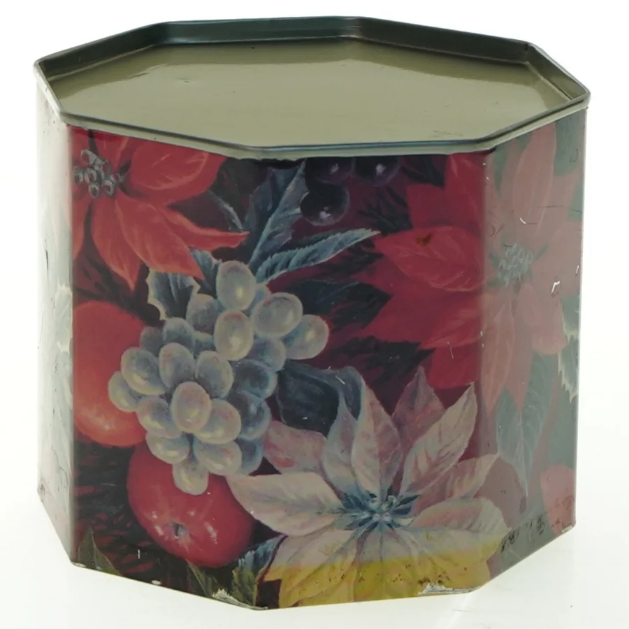 Sekskantet Vintage metalæske med julemotiv (str. 10x11 cm)