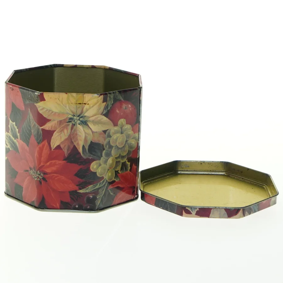 Sekskantet Vintage metalæske med julemotiv (str. 10x11 cm)