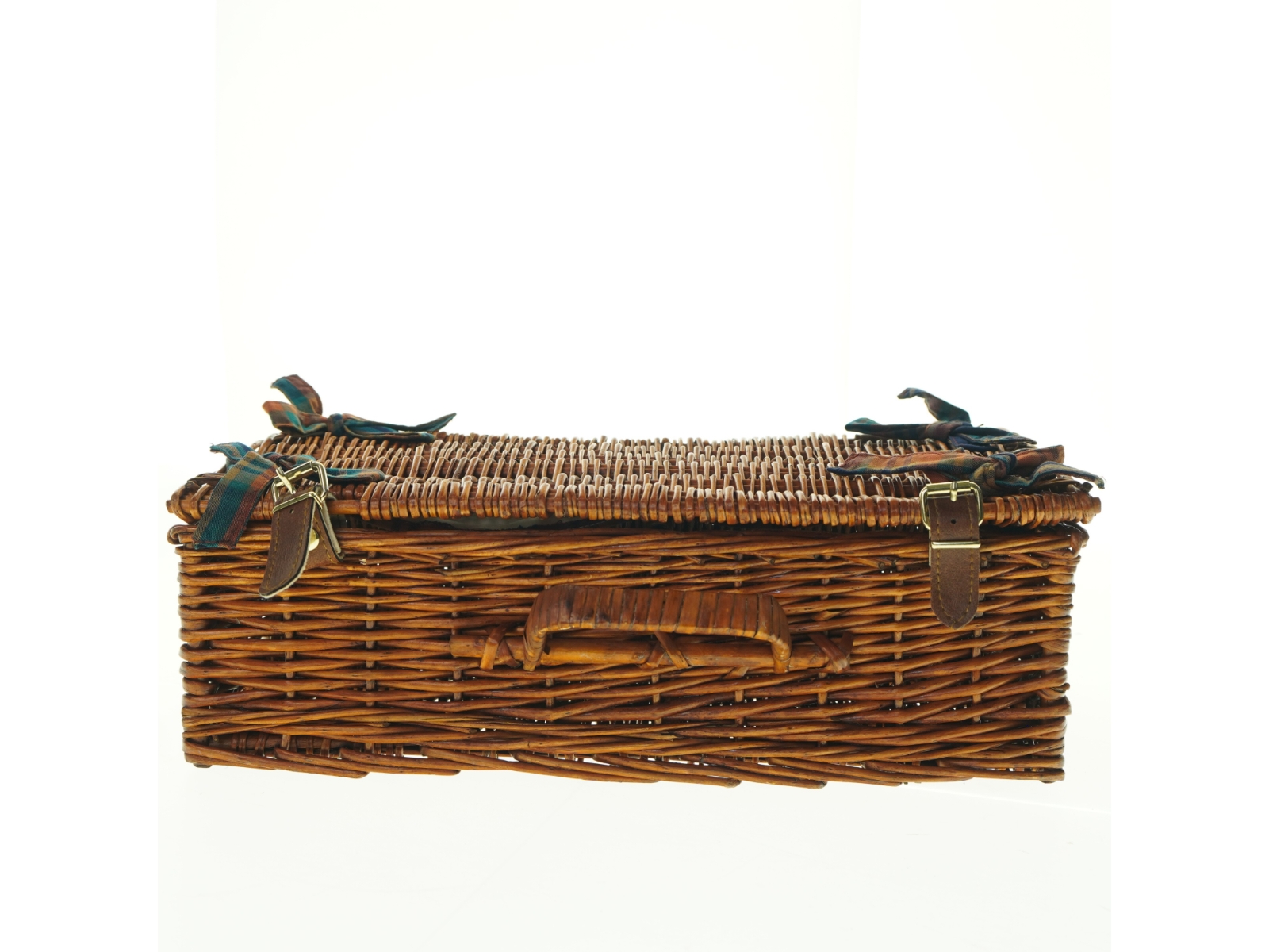 Fletkurv kuffert med låg og læderdetaljer, til picnic (str. Niogtredve x, 21 x 12 cm)