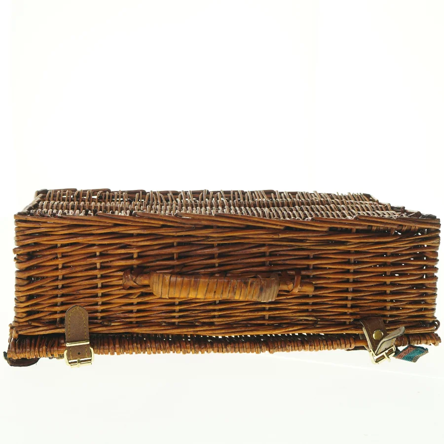 Fletkurv kuffert med låg og læderdetaljer, til picnic (str. Niogtredve x, 21 x 12 cm)