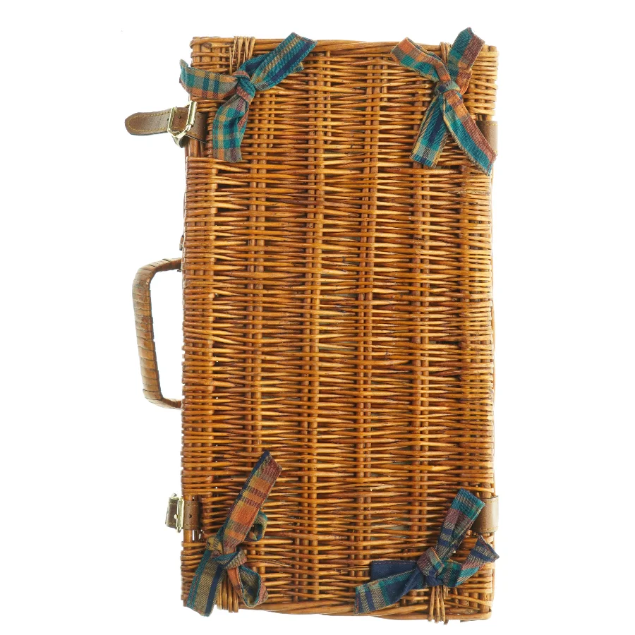 Fletkurv kuffert med låg og læderdetaljer, til picnic (str. Niogtredve x, 21 x 12 cm)
