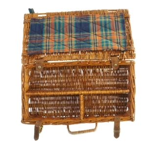 Fletkurv kuffert med låg og læderdetaljer, til picnic (str. Niogtredve x, 21 x 12 cm)