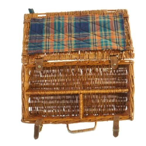Fletkurv kuffert med låg og læderdetaljer, til picnic (str. Niogtredve x, 21 x 12 cm)