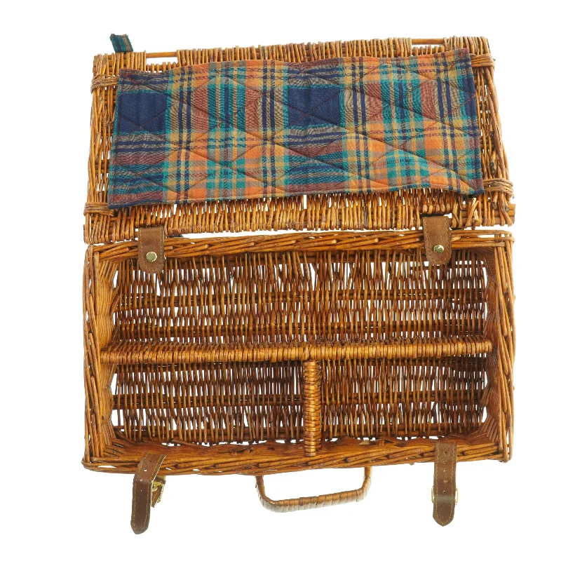 Fletkurv kuffert med låg og læderdetaljer, til picnic (str. Niogtredve x, 21 x 12 cm)