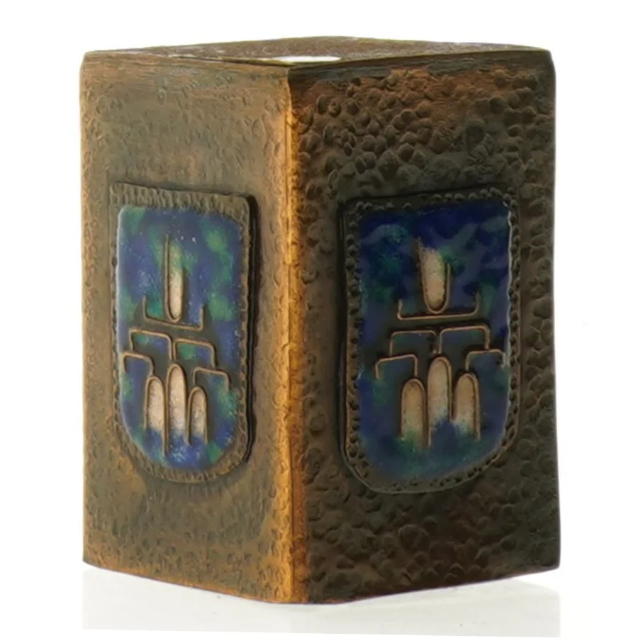 Metal Vase med blå emalje dekoration (str. 9 x 6 cm)