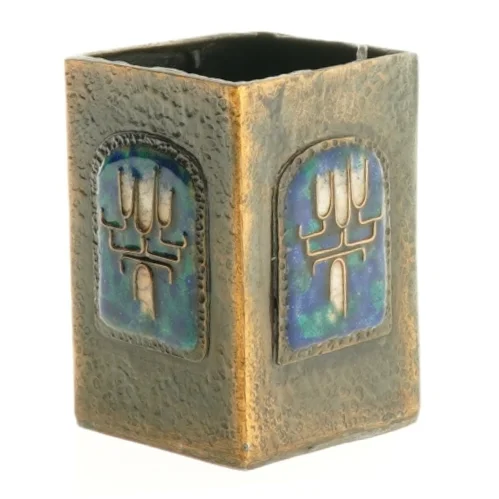 Metal Vase med blå emalje dekoration (str. 9 x 6 cm)