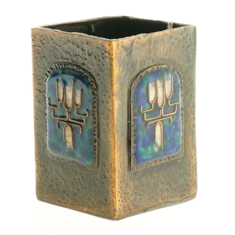 Metal Vase med blå emalje dekoration (str. 9 x 6 cm)