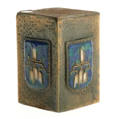 Metal Vase med blå emalje dekoration (str. 9 x 6 cm)