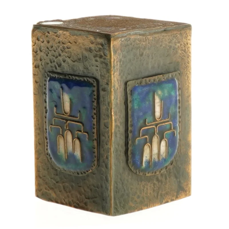 Metal Vase med blå emalje dekoration (str. 9 x 6 cm)