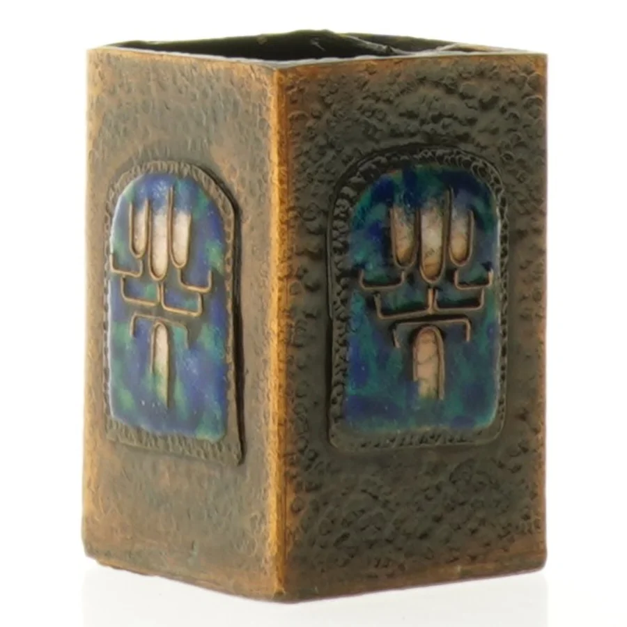 Metal Vase med blå emalje dekoration (str. 9 x 6 cm)