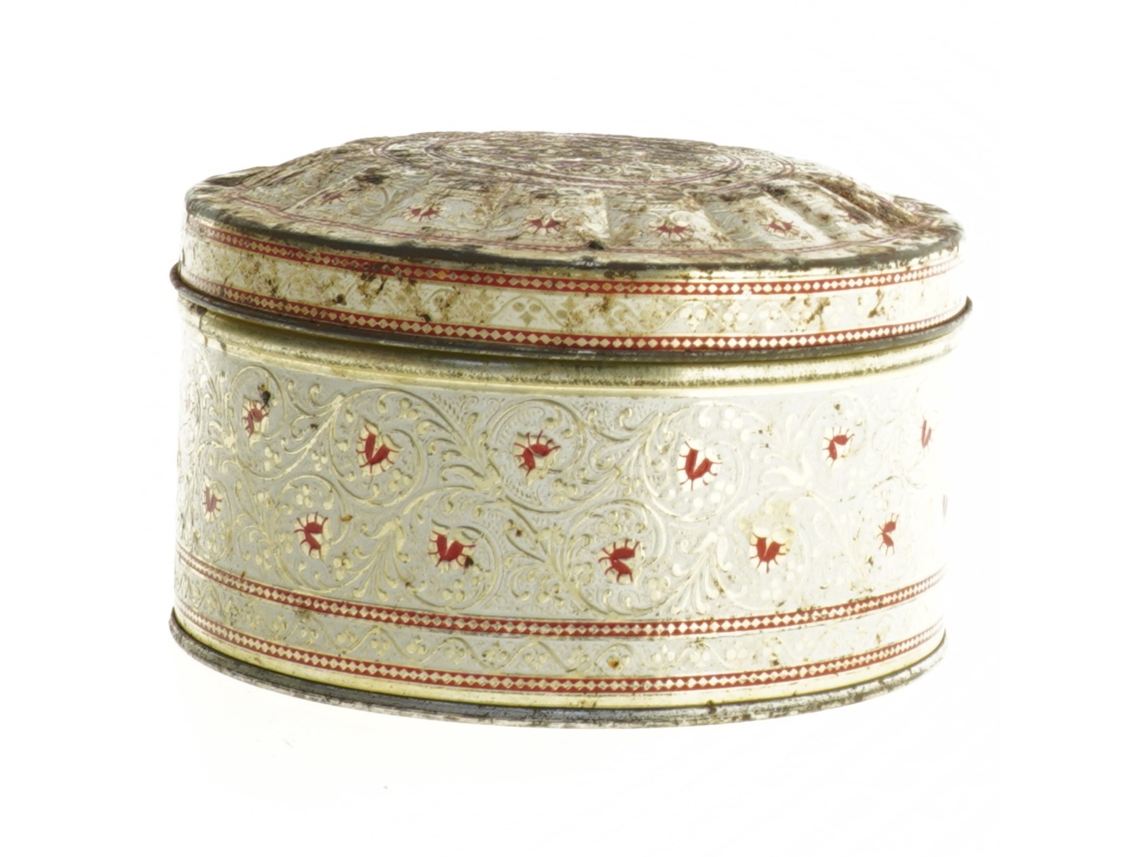 Vintage Rund Kagedåse med relief låg (str. 14 x 8 cm)