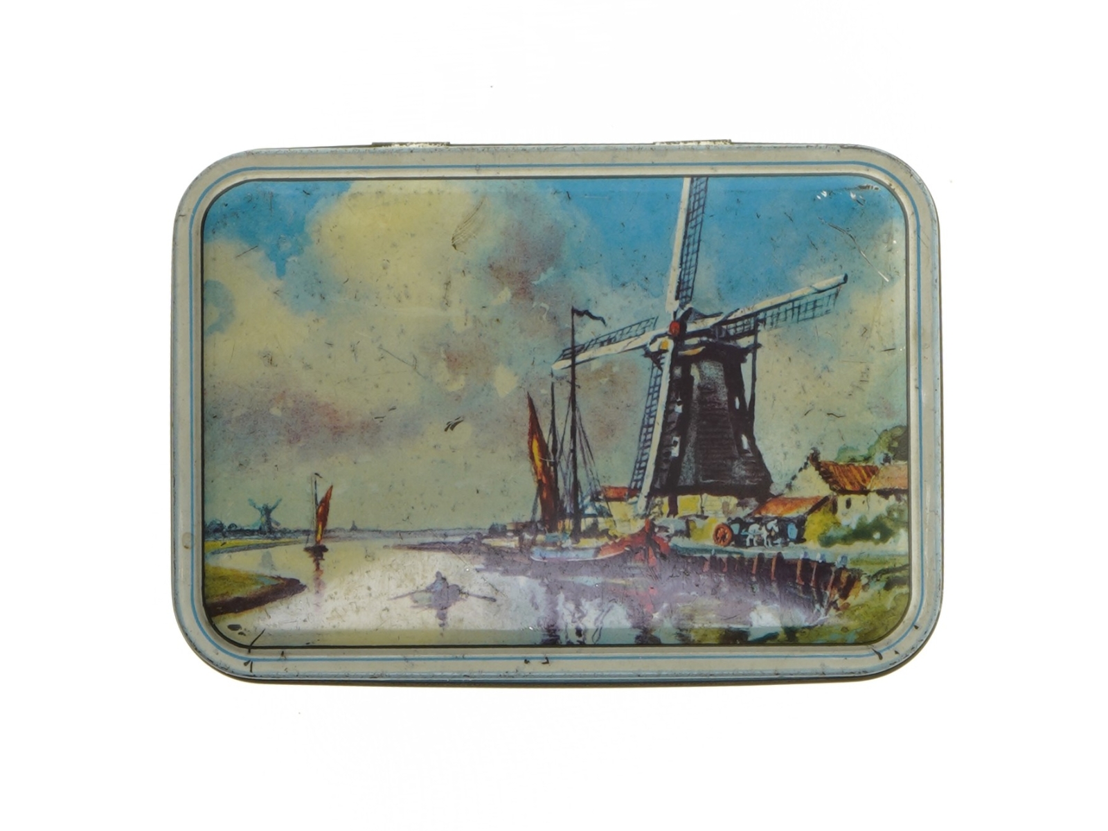 Vintage Hollandsk Metaldåse med blå dekoration (str. 17x12 cm)