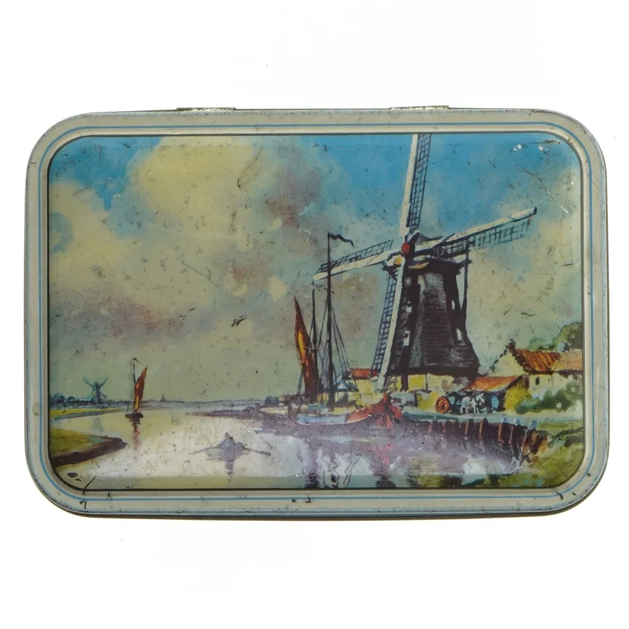 Vintage Hollandsk Metaldåse med blå dekoration (str. 17x12 cm)