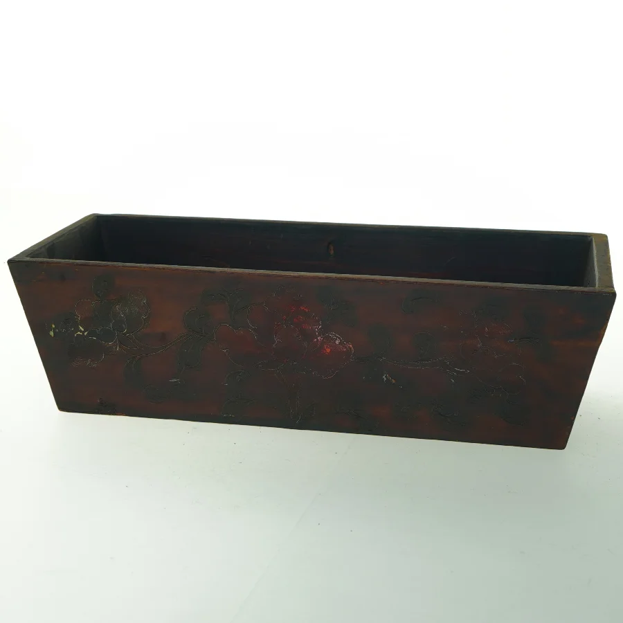 Antik blomstret træ kasse (str. 34x14 cm)