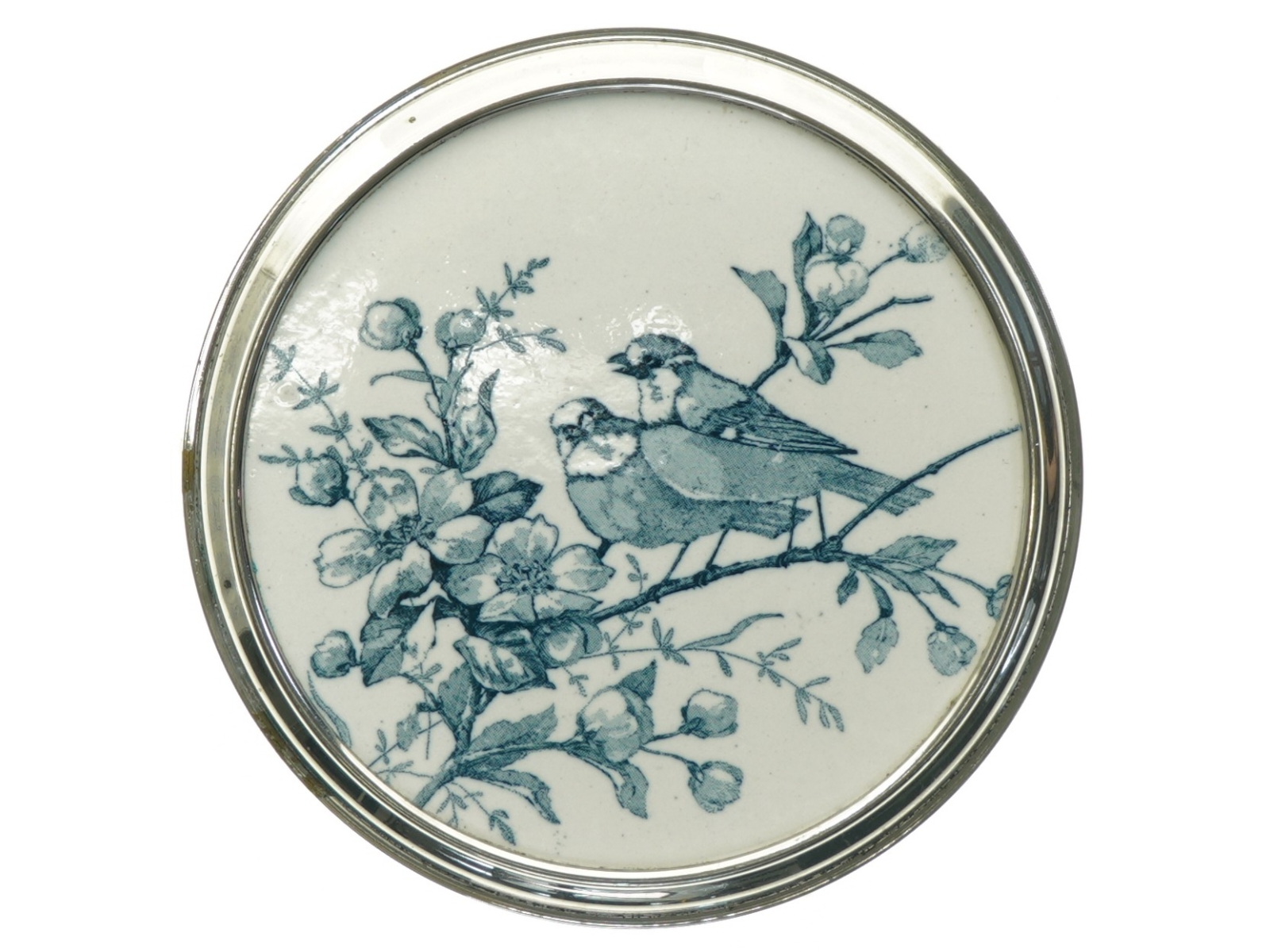 Porcelænsfad med fuglemotiv i sølvramme på fod (str. Diameter, 17 cm)