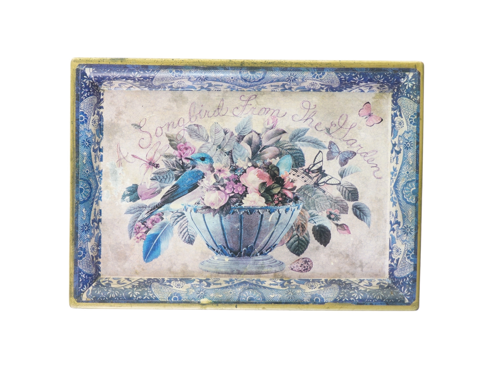 Vintage Retro Metal Bakke Fugl og Blomster (str. 41 x 30 cm)
