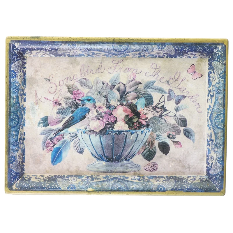 Vintage Retro Metal Bakke Fugl og Blomster (str. 41 x 30 cm)