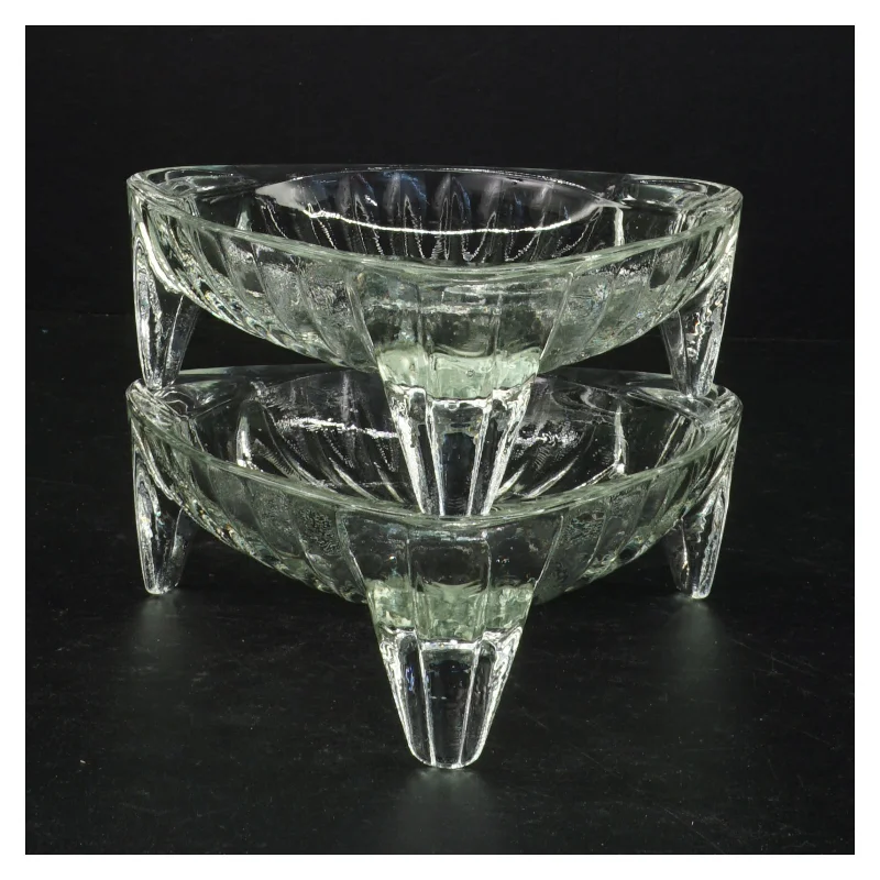 2 stk. Stabelbare Vintage art nouveau glasskål på 3 fødder (str. 16 x 5,5 cm)