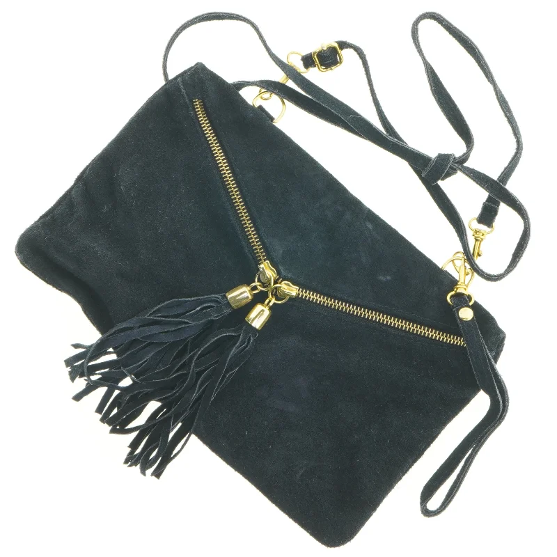 Sort kvast dekoreret ruskind skuldertaske (str. 27 x 17 cm)