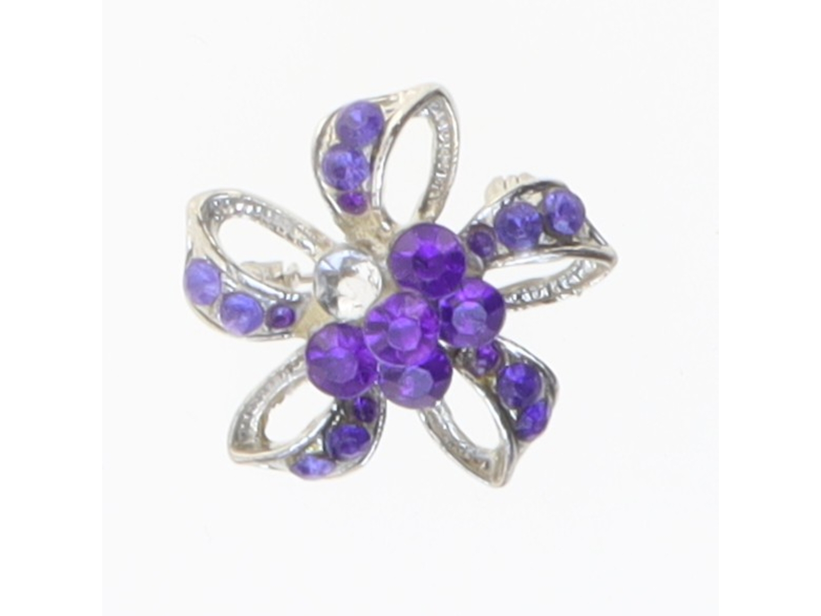 Blomsterformet broche med lilla sten (str. 2,5 cm)