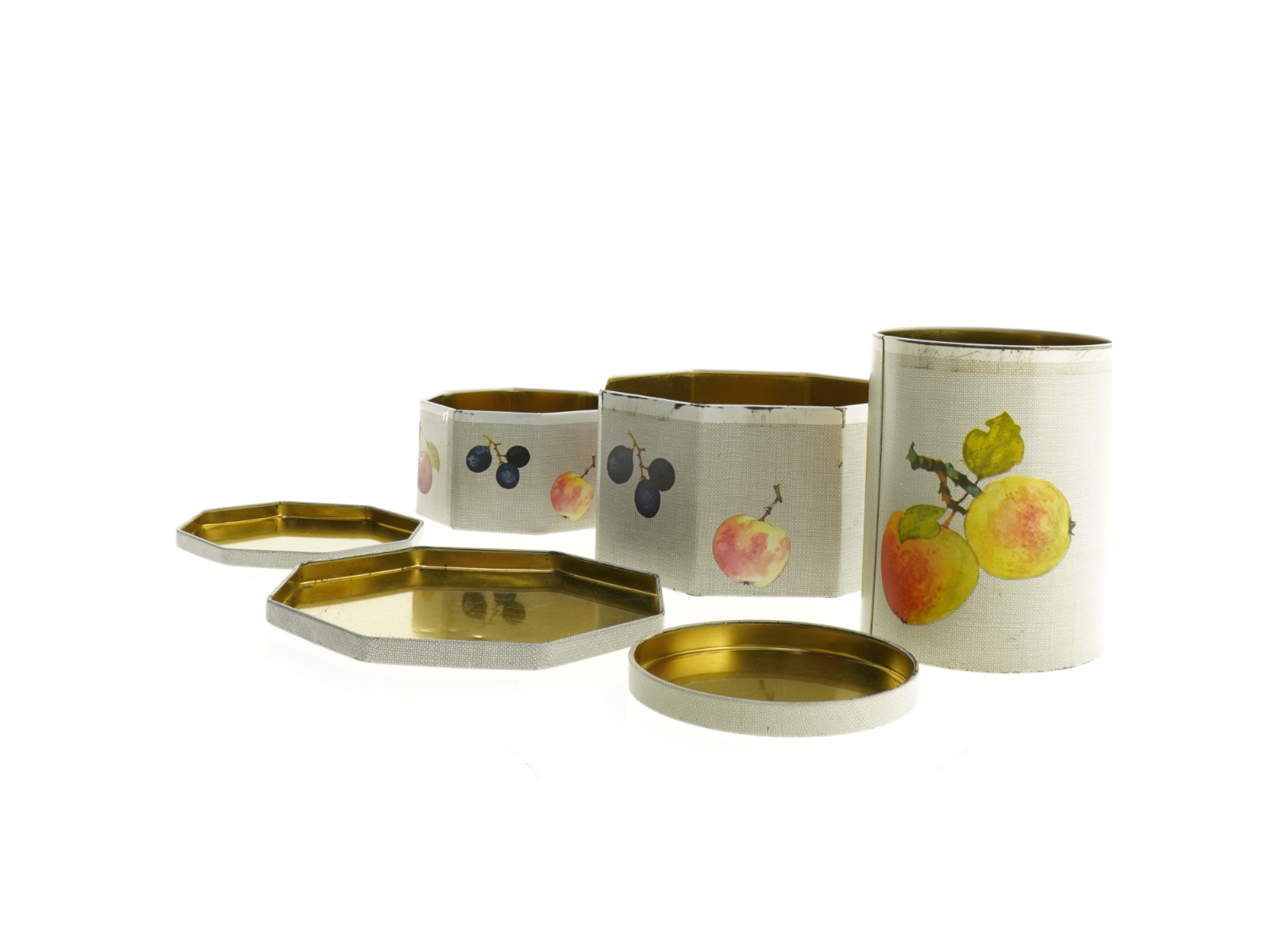 Vintage kasedåser med frugtdekoration - 3 stk (str. 7 cm 10 cm og 14 cm høje)