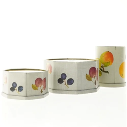 Vintage kasedåser med frugtdekoration - 3 stk (str. 7 cm 10 cm og 14 cm høje)
