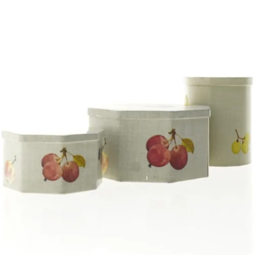 Vintage kasedåser med frugtdekoration - 3 stk (str. 7 cm 10 cm og 14 cm høje)