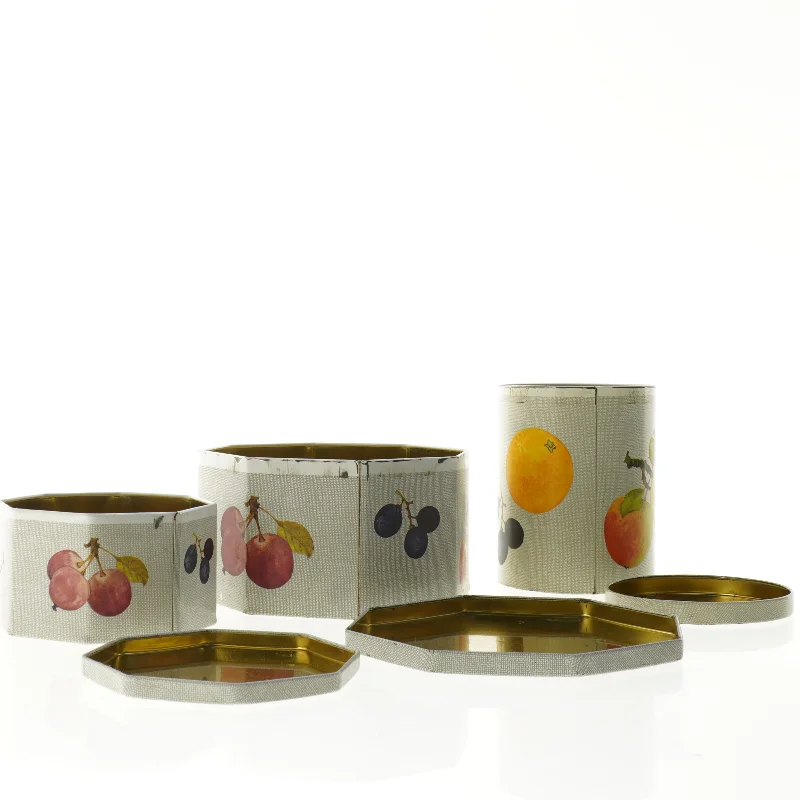 Vintage kasedåser med frugtdekoration - 3 stk (str. 7 cm 10 cm og 14 cm høje)