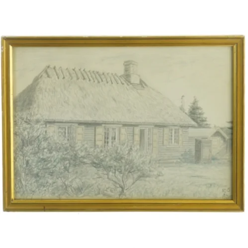 Indrammet tegning af stråtækt hus (str. 34 x 24 cm)