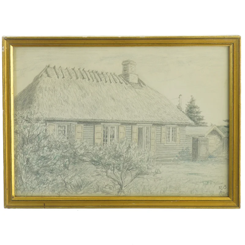 Indrammet tegning af stråtækt hus (str. 34 x 24 cm)