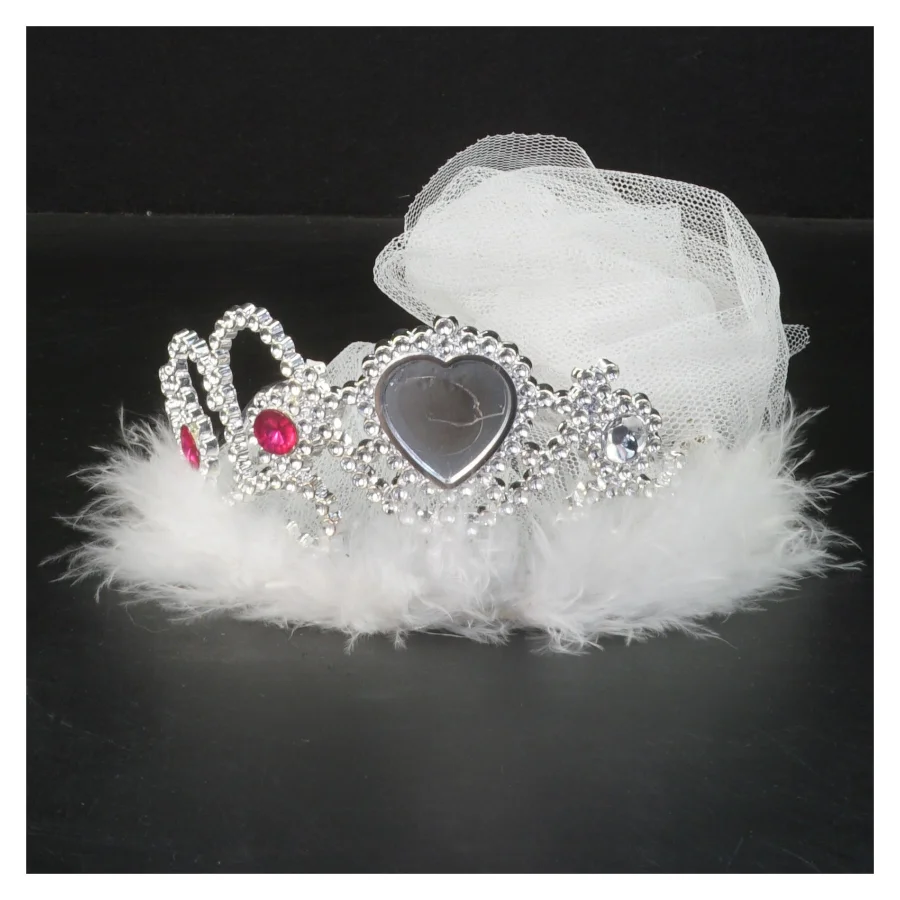 Tiara med tyl og fjer (str. Ø 12 cm)