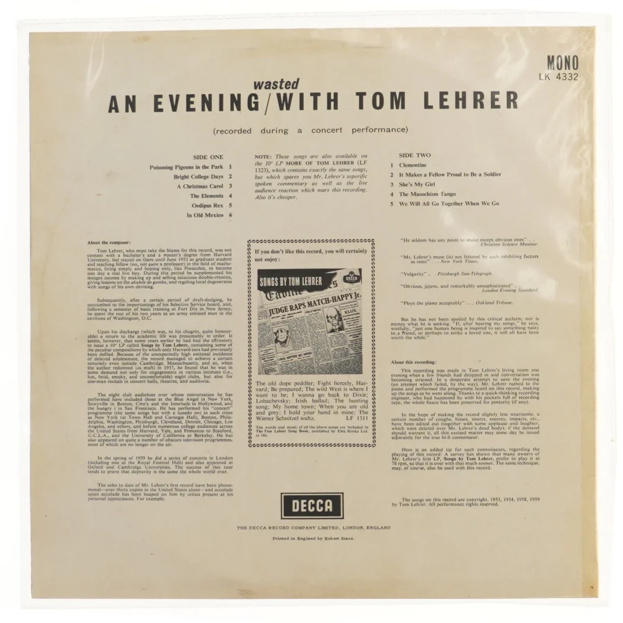 Tom Lehrer LP "An Evening Wasted With Tom Lehrer"