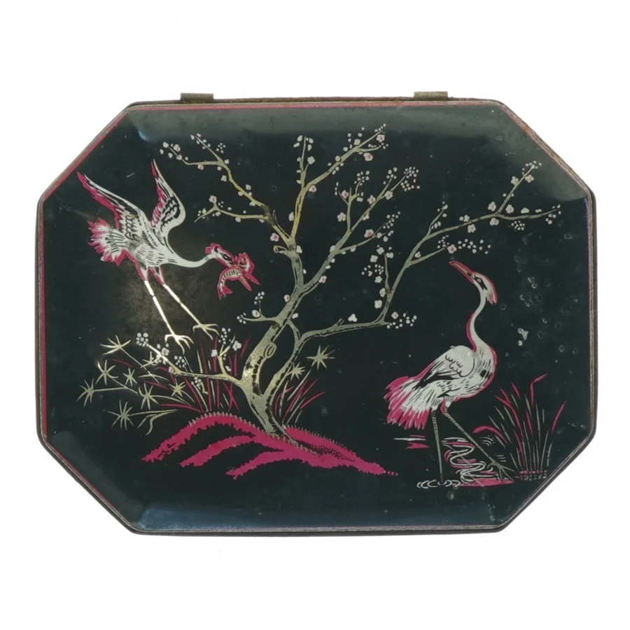 Ældre blikæske med fuglemotiv (str. 13 x 10 x 5 cm)