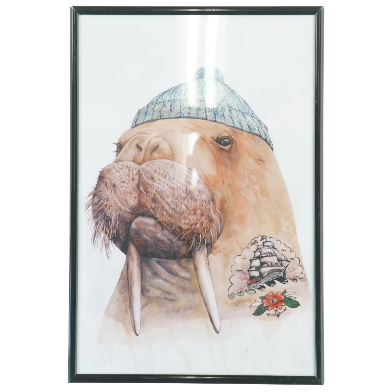 Indrammet tegning af et hvalros med hue (str. 30,5x20,5 cm)