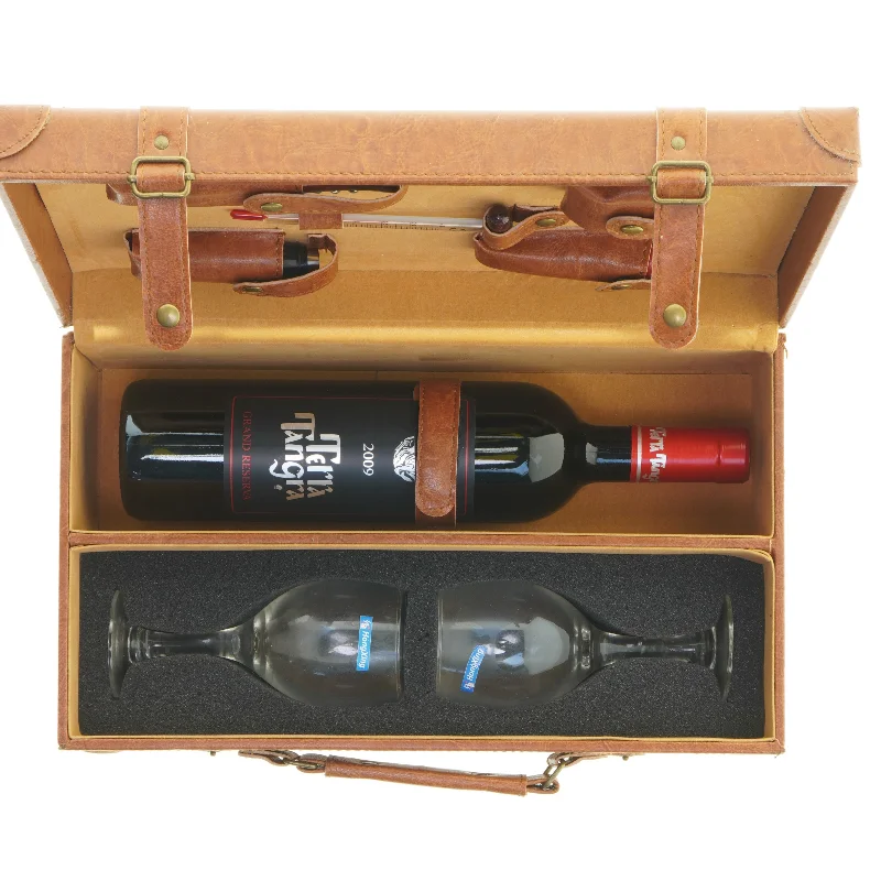 Vinopbevaringskasse med glas og vin fra Terra Tangra (str. 35x21x13 cm)