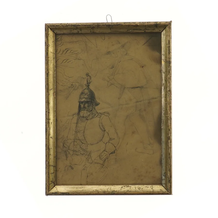 Antik ramme med skitse og avisudklip (str. 17x23 cm)