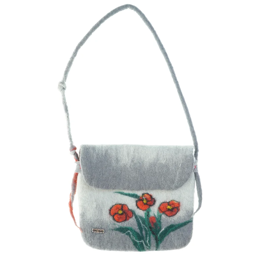Filtet og håndlavet skuldertaske i uld (str. 28x26 cm)