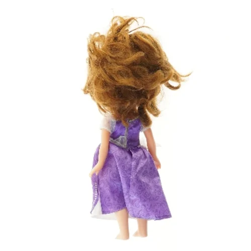 Lille dukke med lilla kjole (str. 34 cm)