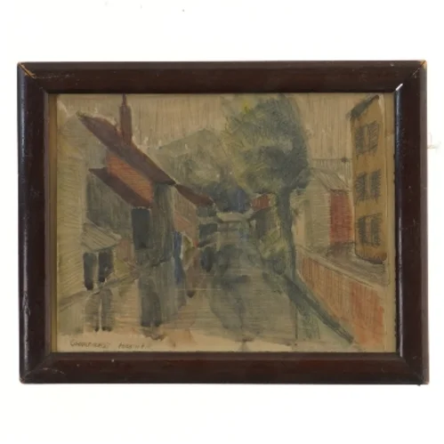 Indrammet maleri af bylandskab (str. 24,5x19,5 cm)