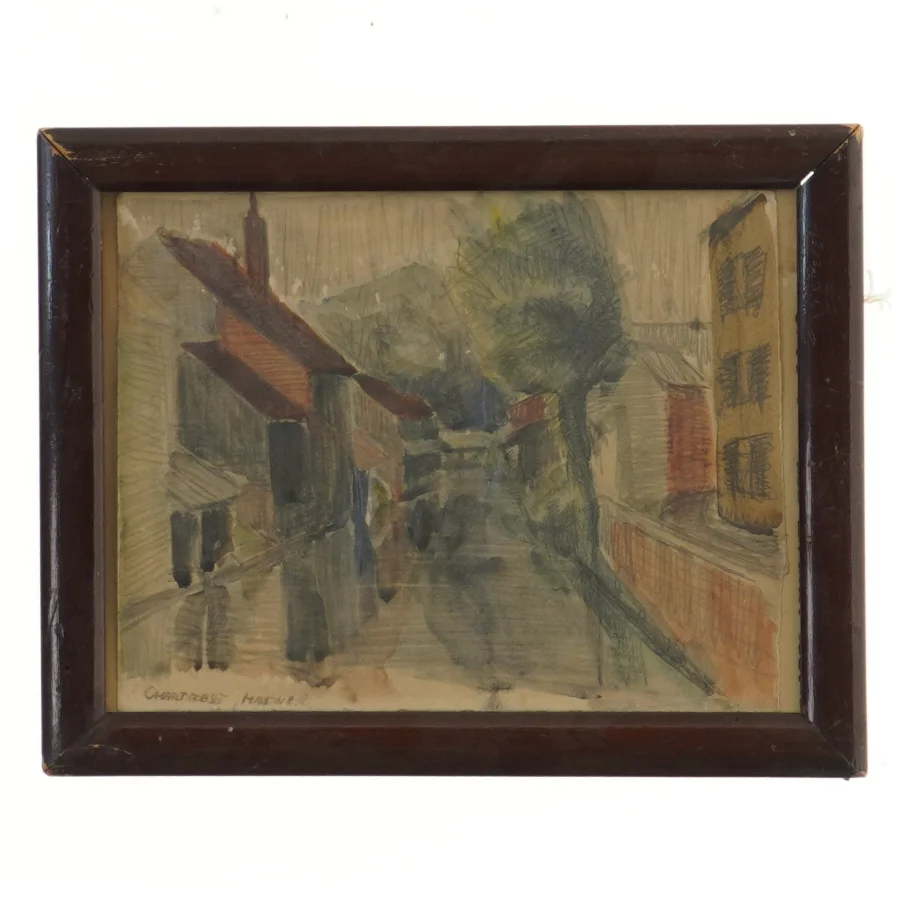 Indrammet maleri af bylandskab (str. 24,5x19,5 cm)