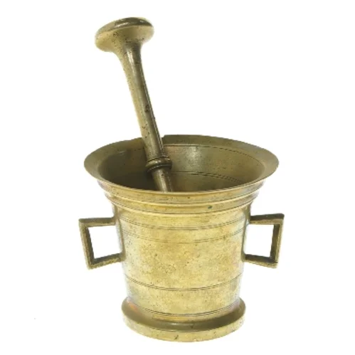 Morter og støder i messing (str. Ø 11,5 cm længde 10,5 cm)