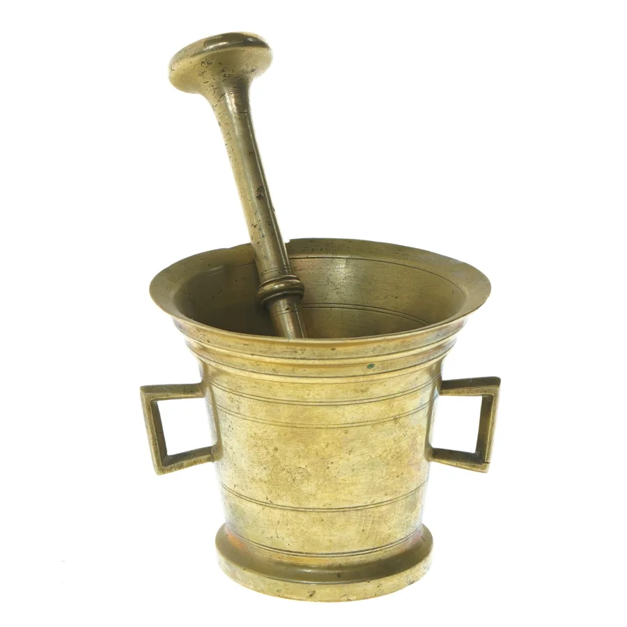 Morter og støder i messing (str. Ø 11,5 cm længde 10,5 cm)