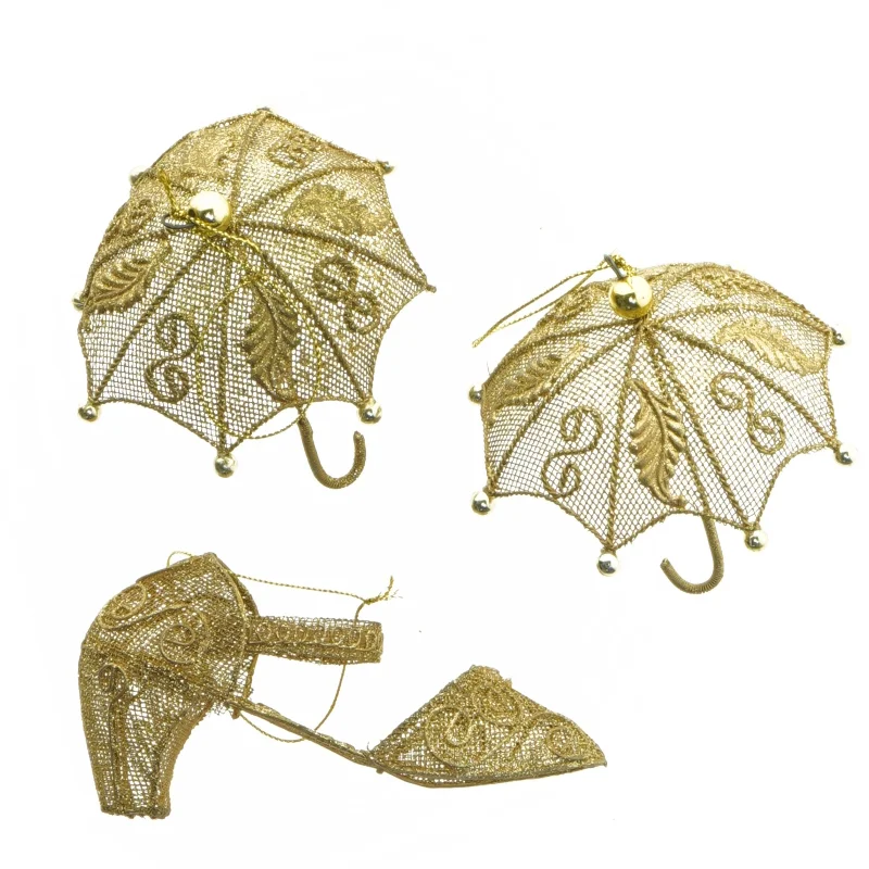 Filigran paraplyer og sko (str. 9-12 cm)