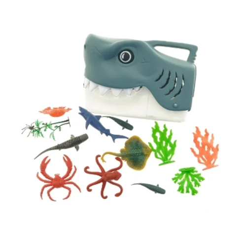Hajformet opbevaringsboks med havdyrslegetøj (str. 25 x 18 x 12 cm)