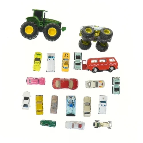Samling af legetøjsbiler og fartøjer