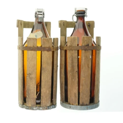 Antikke flasker i trækasser (str. 45 cm)